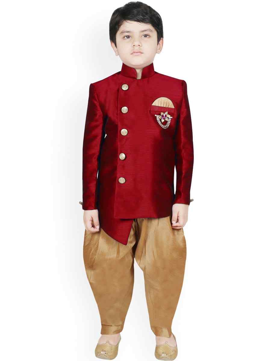 Maroon Dupion Silk Brocade Festival Traditional Kurta Dhoti Boys Wear