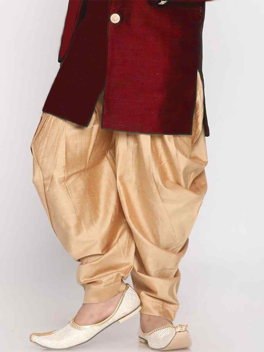 Maroon Dupion Silk Brocade Festival Traditional Kurta Dhoti Boys Wear