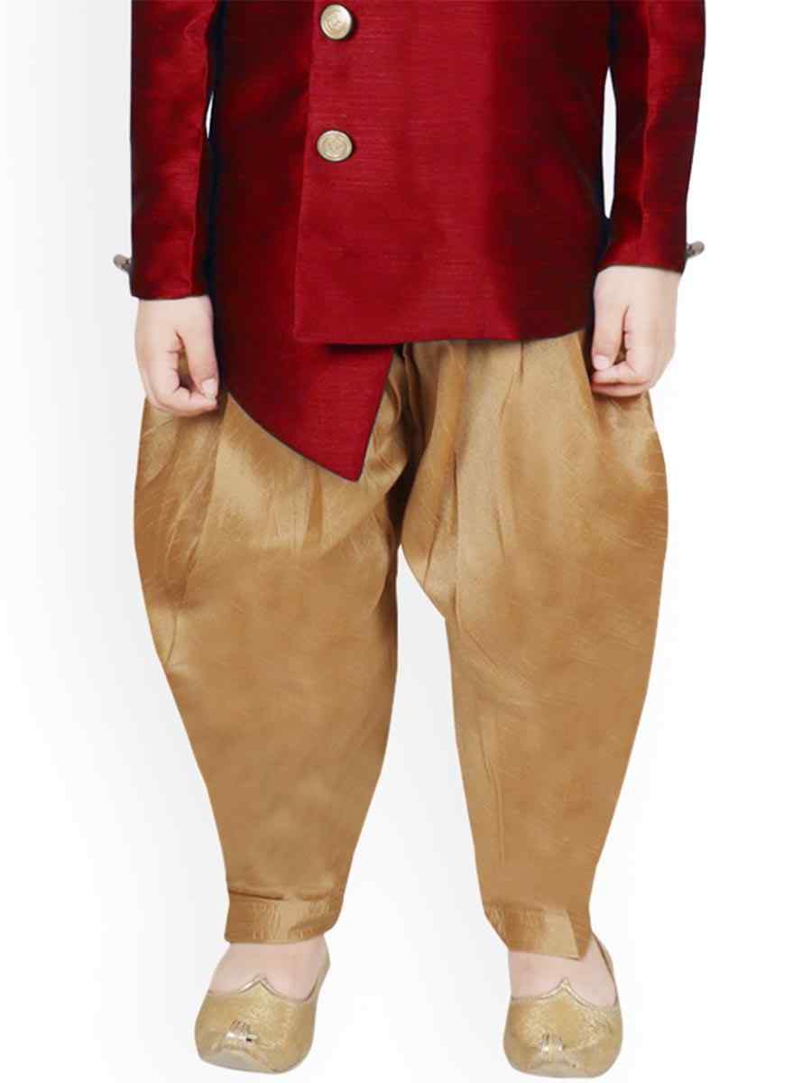 Maroon Dupion Silk Brocade Festival Traditional Kurta Dhoti Boys Wear