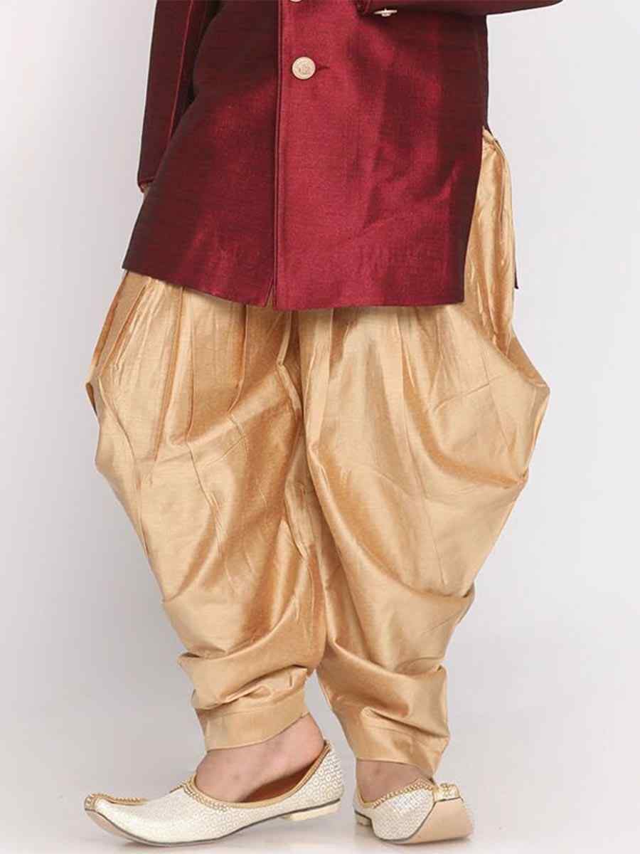 Maroon Dupion Silk Brocade Festival Traditional Kurta Dhoti Boys Wear