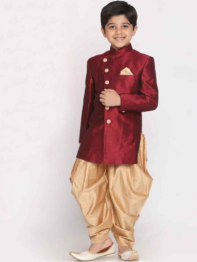 Maroon Dupion Silk Brocade Festival Traditional Kurta Dhoti Boys Wear