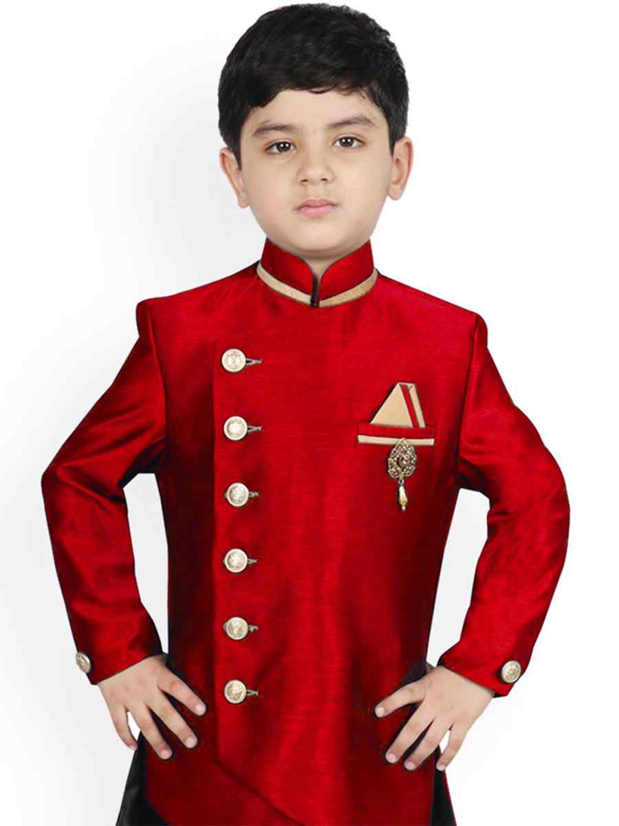 Maroon Dupion Silk Brocade Festival Traditional Kurta Pyjama Boys Wear
