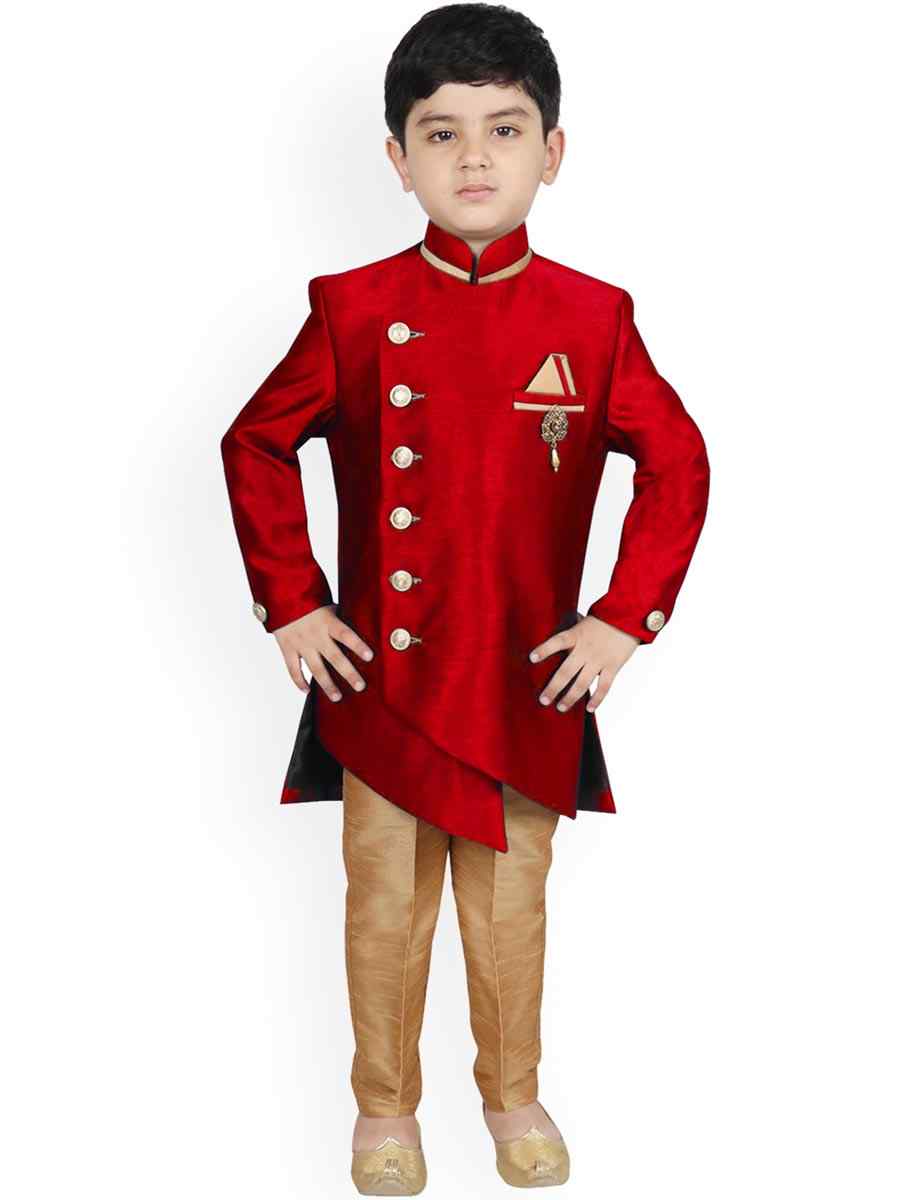 Maroon Dupion Silk Brocade Festival Traditional Kurta Pyjama Boys Wear