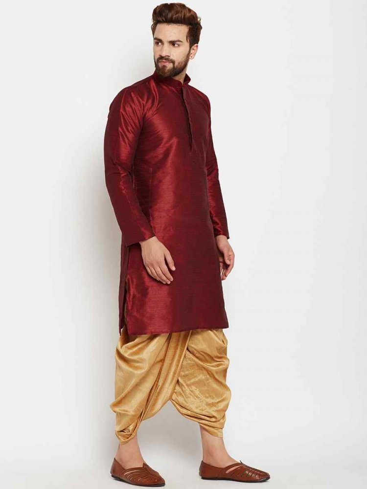 Maroon Dupion Silk Woven Festival Wedding Kurta