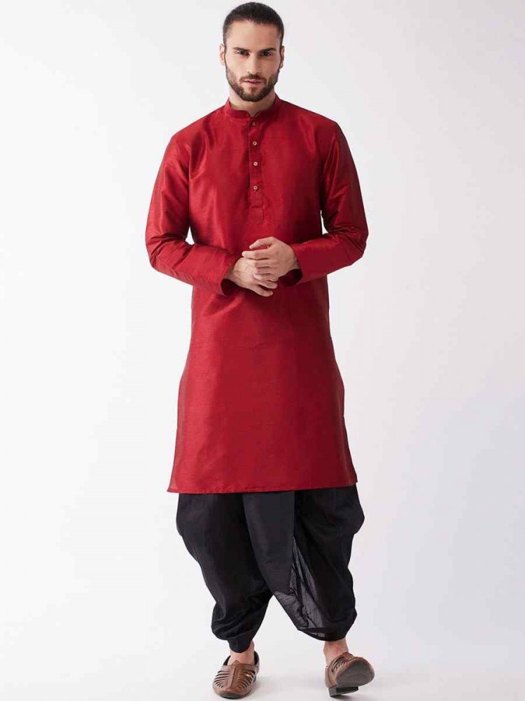 Maroon Dupion Silk Woven Festival Wedding Kurta