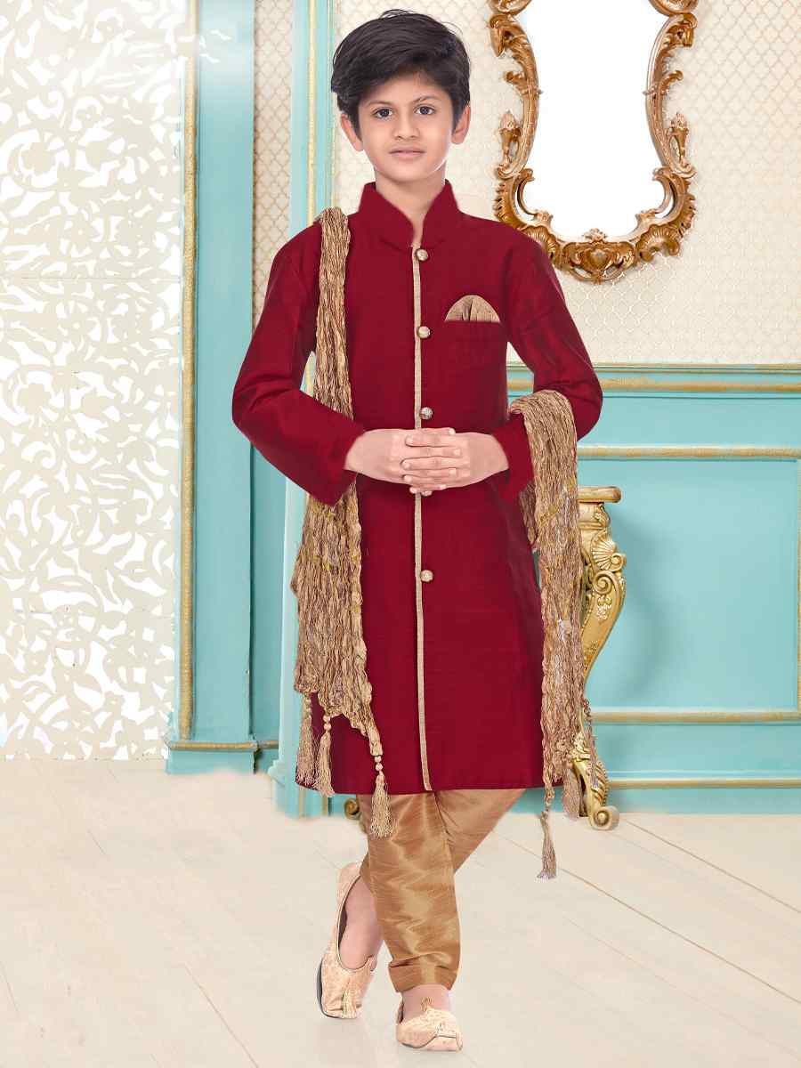 Maroon Dupion Silk Zardosi Festival Wedding Kurta Pyjama Boys Wear