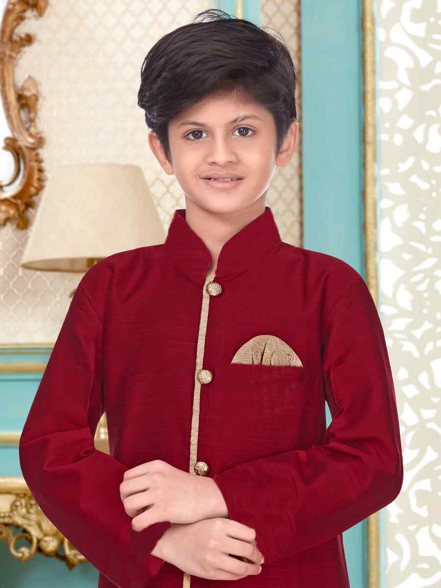 Maroon Dupion Silk Zardosi Festival Wedding Kurta Pyjama Boys Wear