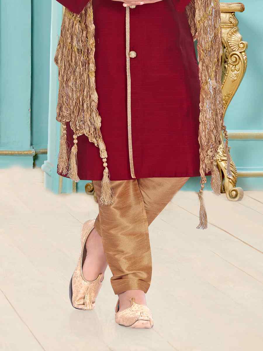 Maroon Dupion Silk Zardosi Festival Wedding Kurta Pyjama Boys Wear