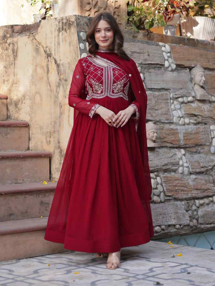 Maroon Faux Blooming Embroidered Festival Casual Gown