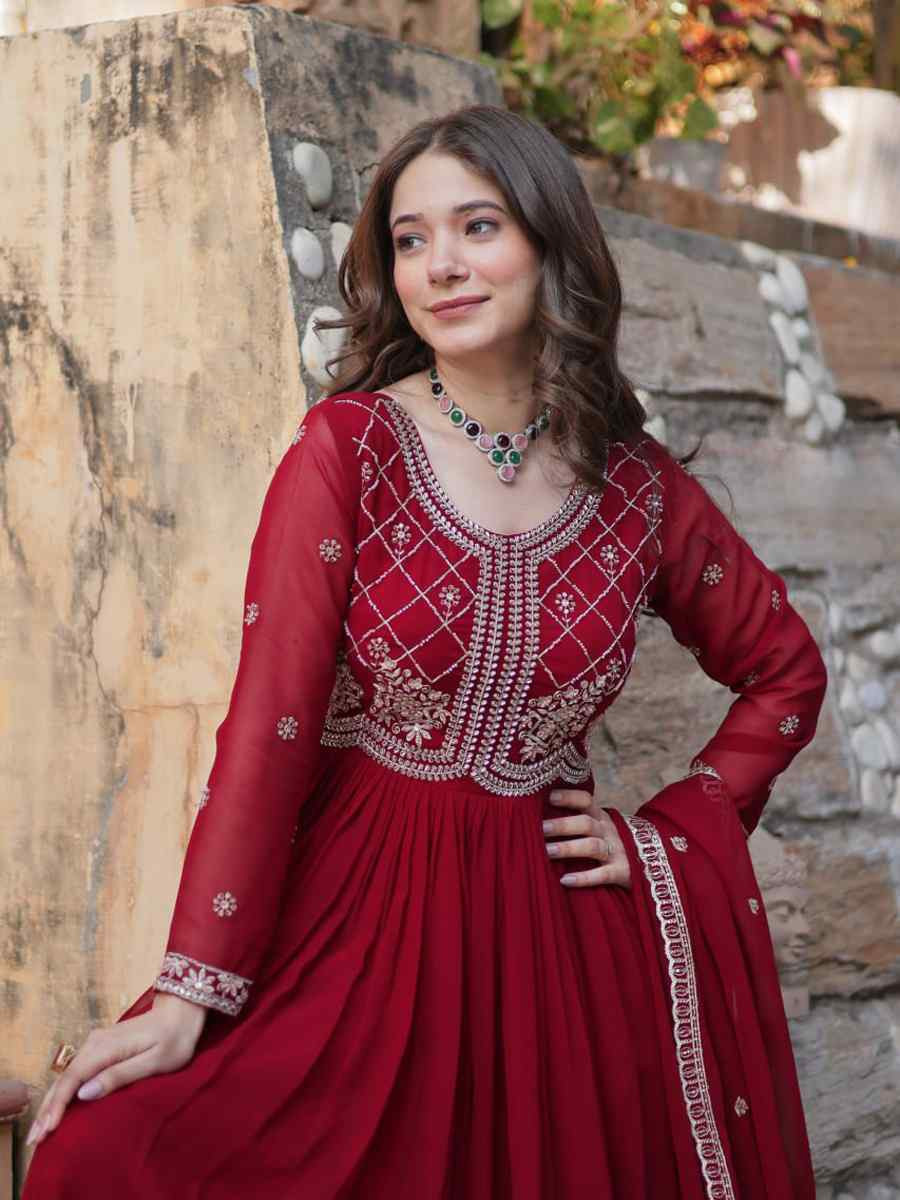 Maroon Faux Blooming Embroidered Festival Casual Gown
