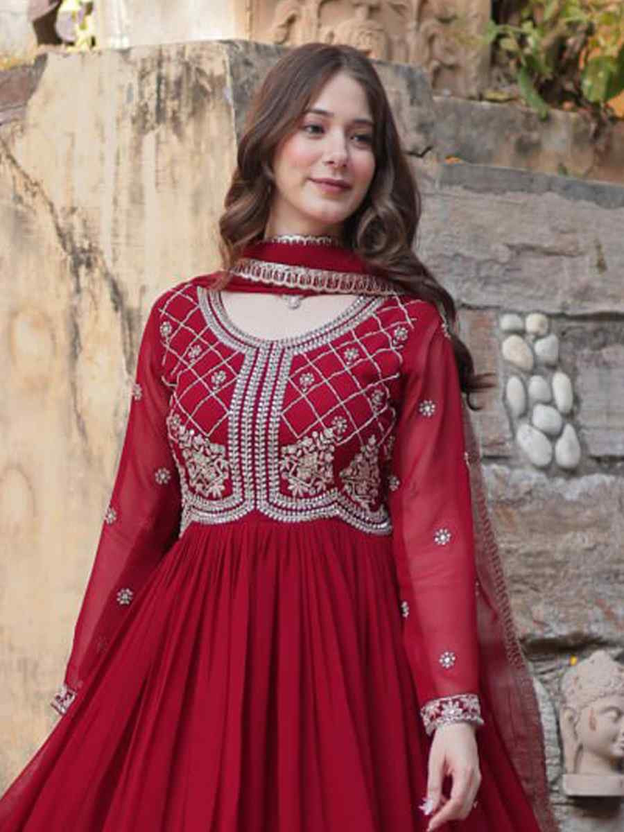 Maroon Faux Blooming Embroidered Festival Casual Gown