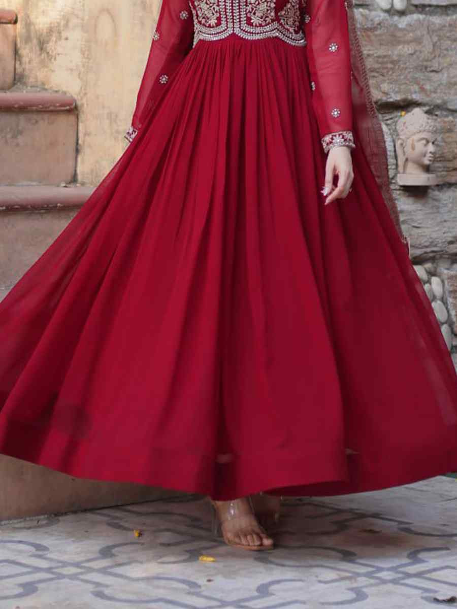Maroon Faux Blooming Embroidered Festival Casual Gown