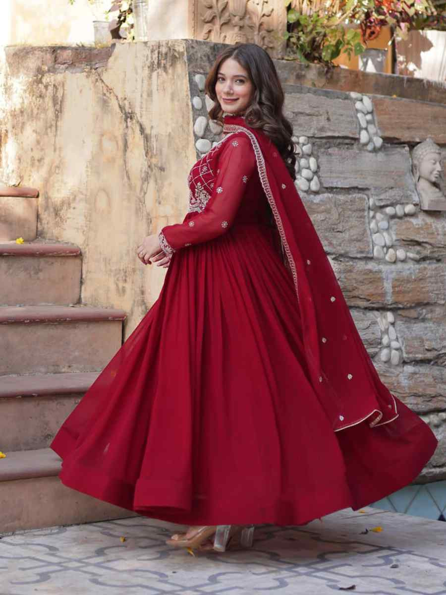 Maroon Faux Blooming Embroidered Festival Casual Gown