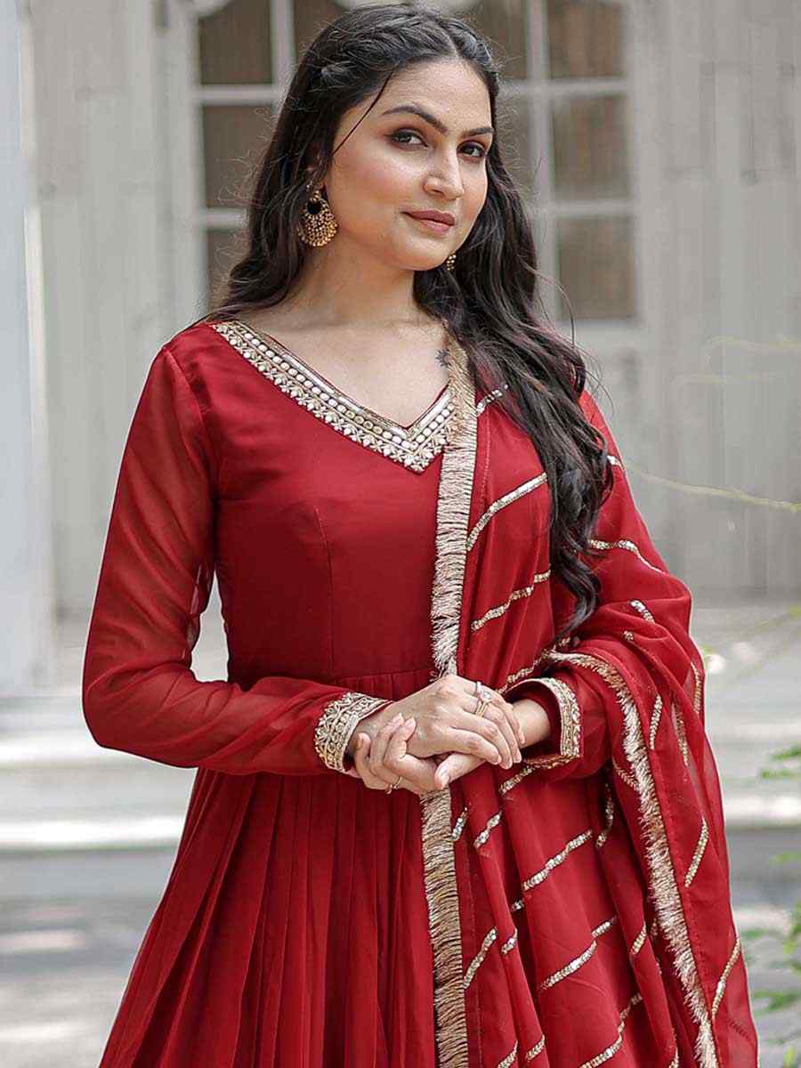 Maroon Faux Blooming Embroidered Festival Party Gown