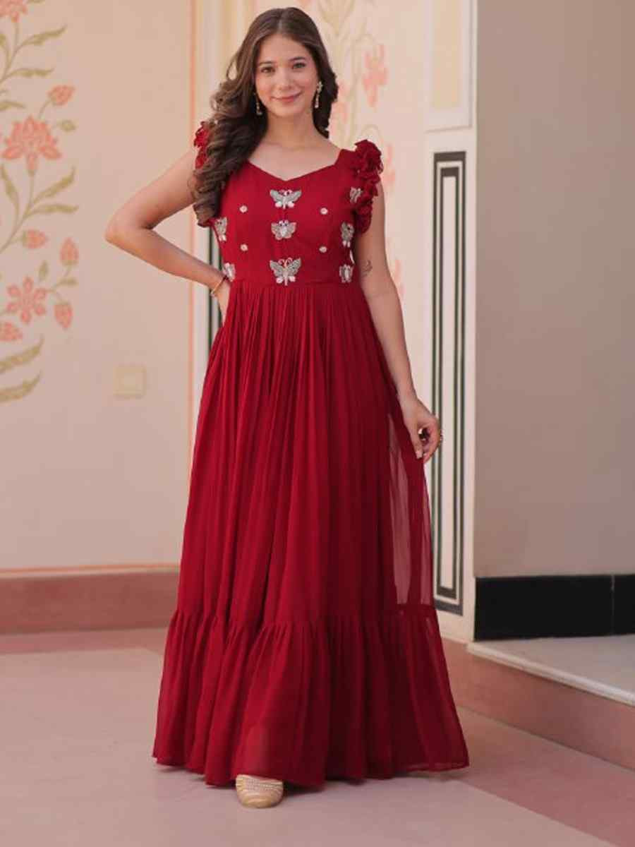 Maroon Faux Blooming Embroidered Festival Party Gown