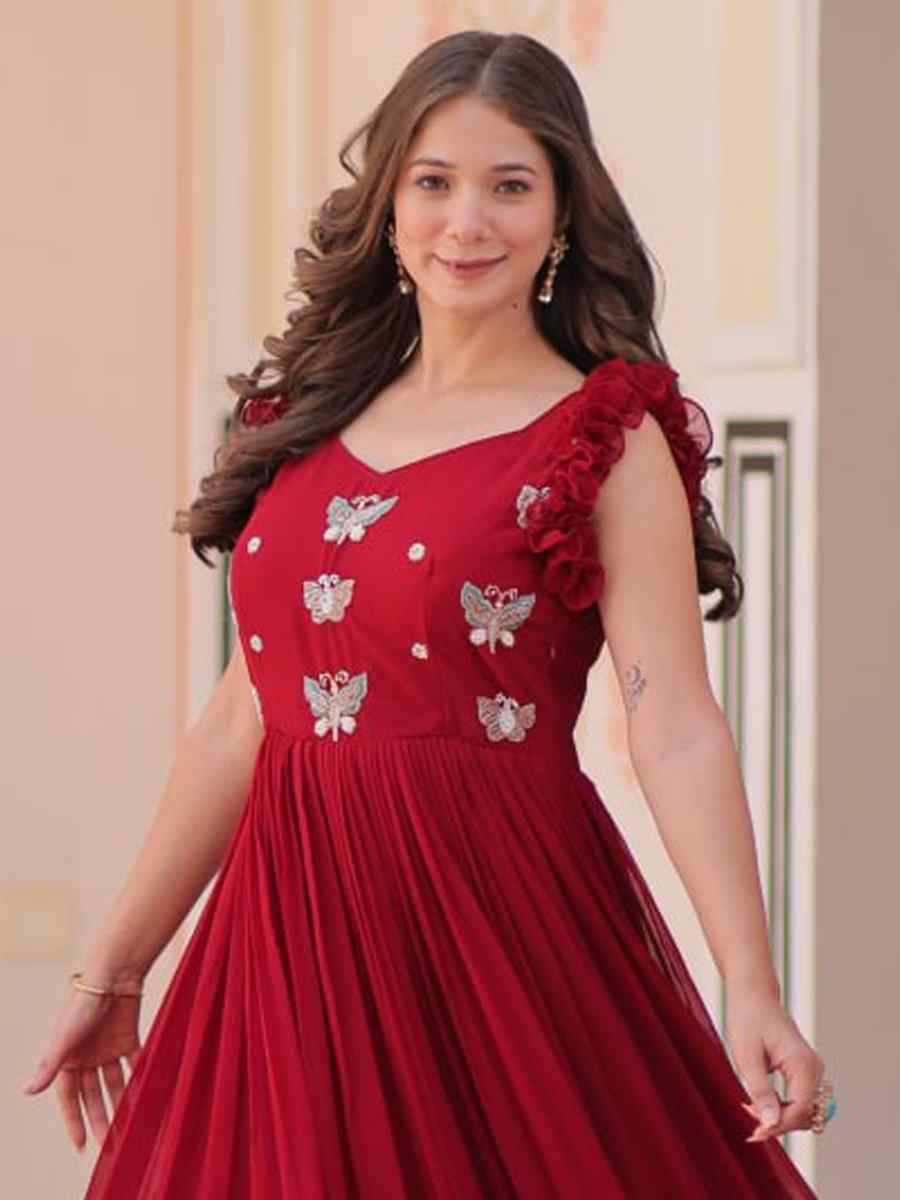 Maroon Faux Blooming Embroidered Festival Party Gown