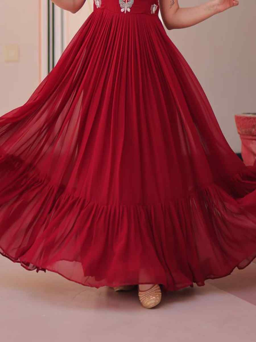 Maroon Faux Blooming Embroidered Festival Party Gown