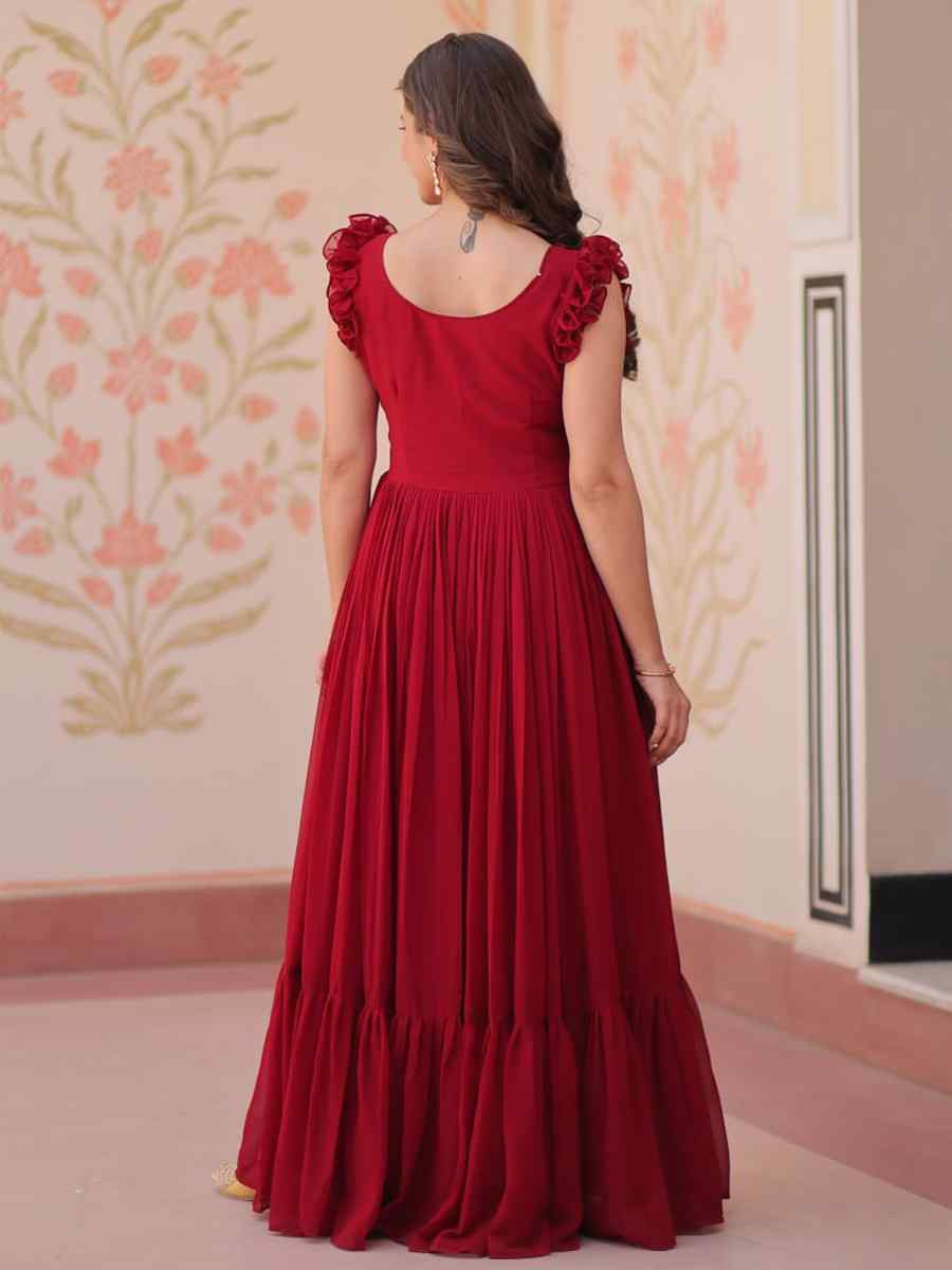 Maroon Faux Blooming Embroidered Festival Party Gown