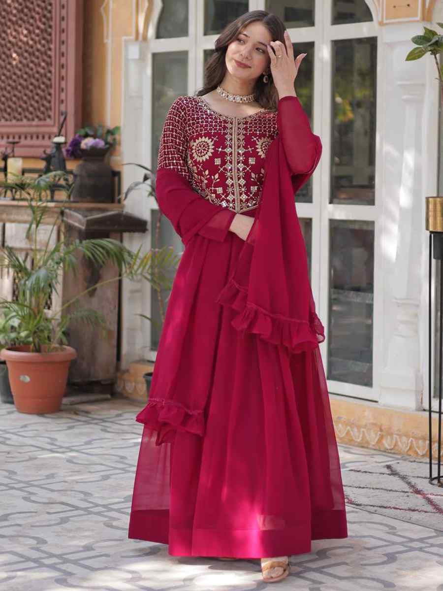 Maroon Faux Blooming Georgette Embroidered Festival Casual Gown