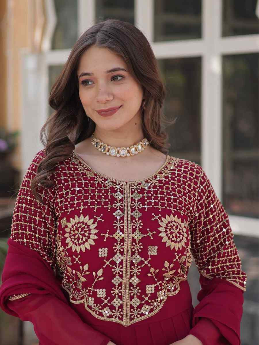 Maroon Faux Blooming Georgette Embroidered Festival Casual Gown