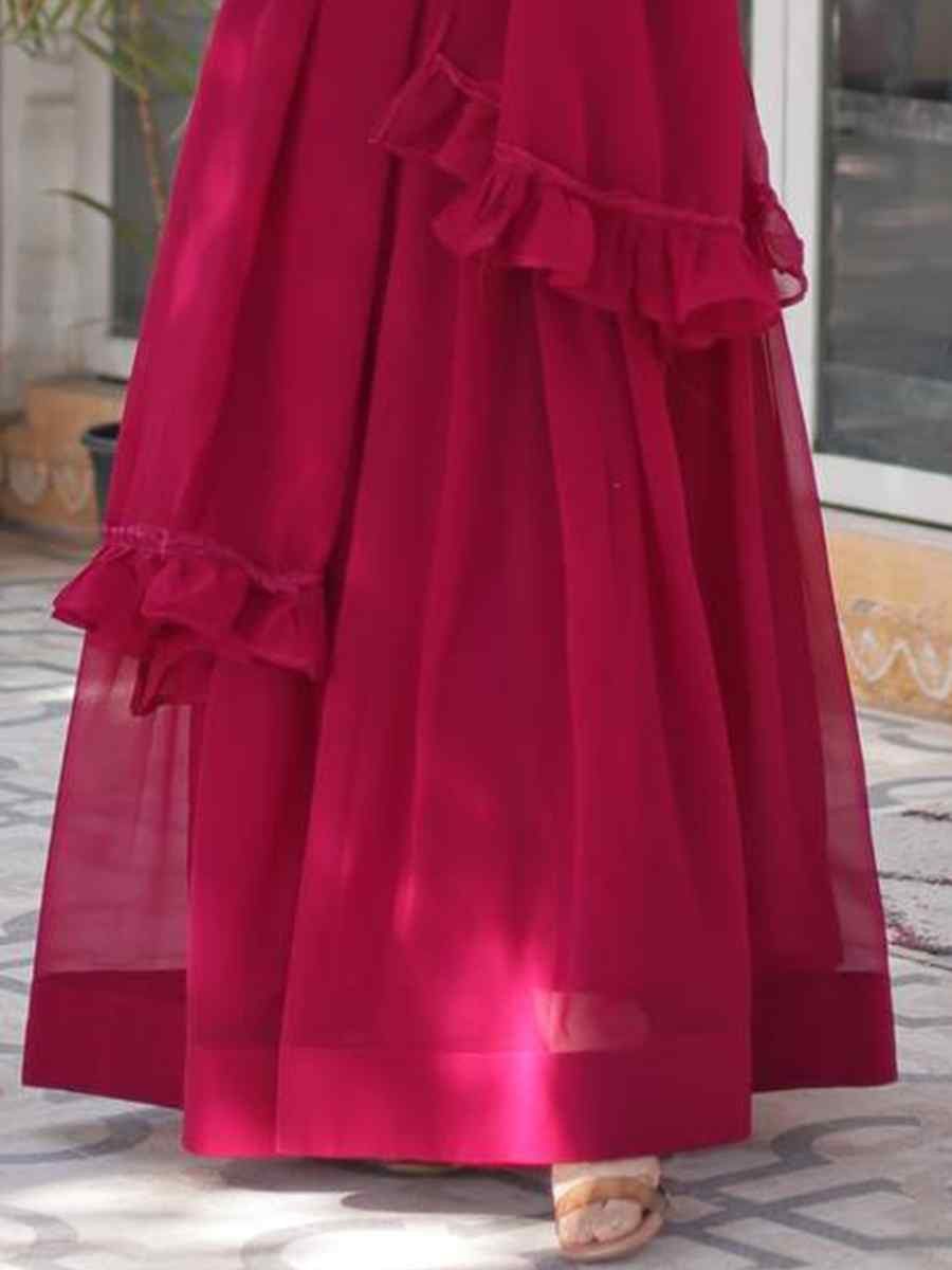 Maroon Faux Blooming Georgette Embroidered Festival Casual Gown