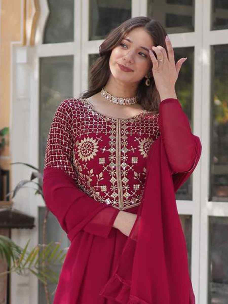Maroon Faux Blooming Georgette Embroidered Festival Casual Gown