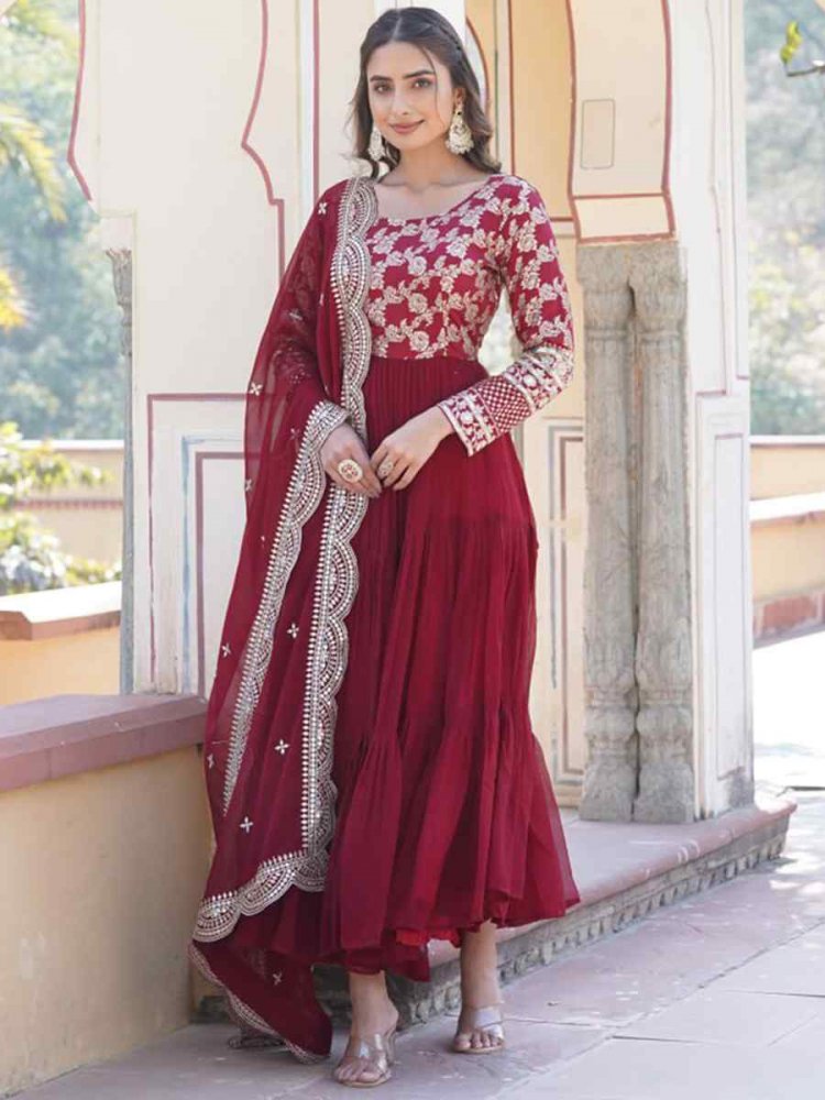 Maroon Faux Blooming Viscose Embroidered Festival Casual Gown