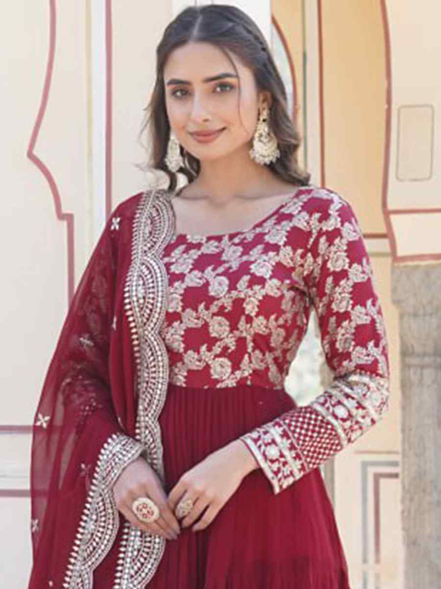 Maroon Faux Blooming Viscose Embroidered Festival Casual Gown
