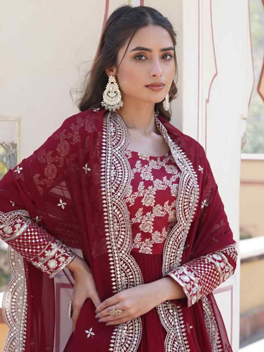 Maroon Faux Blooming Viscose Embroidered Festival Casual Gown