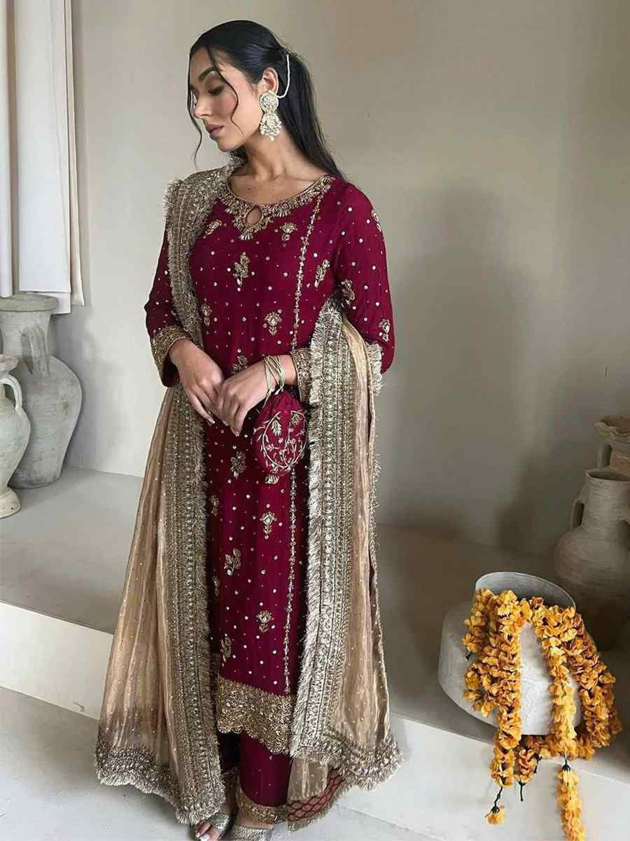 Maroon Faux Georgette  Embroidered Party Wedding Ready Palazzo Pant Salwar Kameez