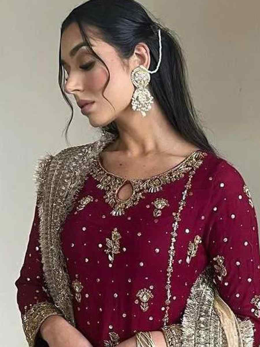 Maroon Faux Georgette Embroidered Party Wedding Ready Palazzo Pant Salwar Kameez
