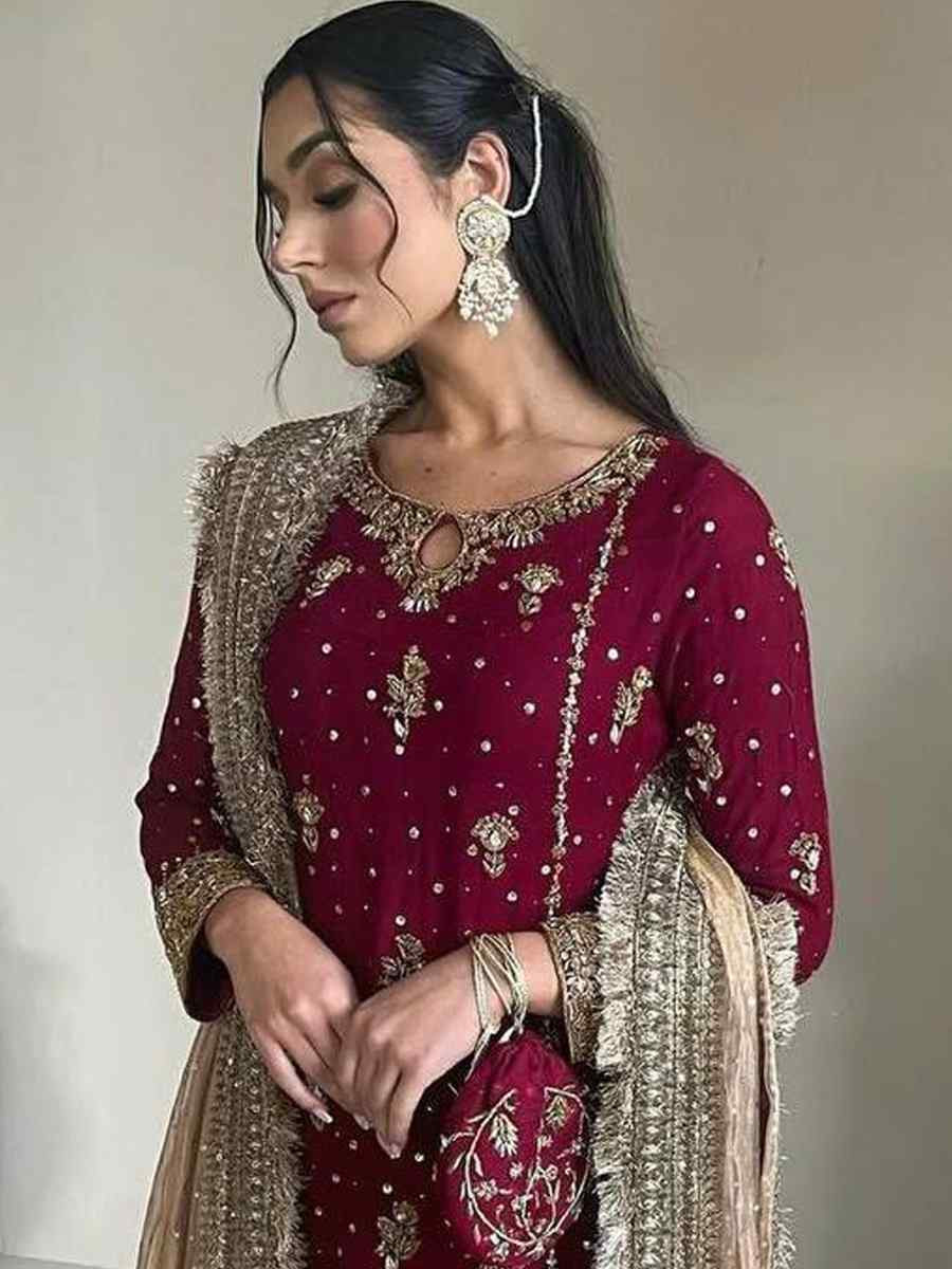 Maroon Faux Georgette Embroidered Party Wedding Ready Palazzo Pant Salwar Kameez
