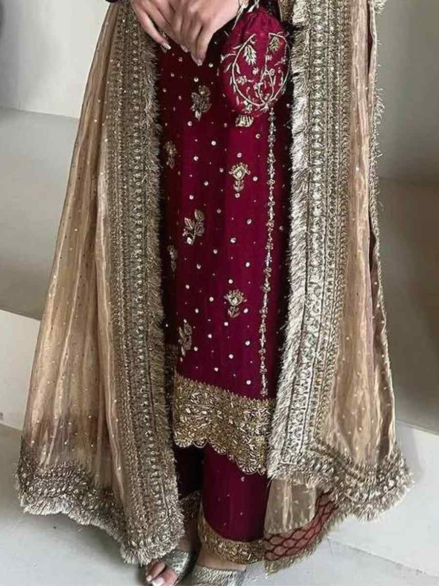 Maroon Faux Georgette Embroidered Party Wedding Ready Palazzo Pant Salwar Kameez