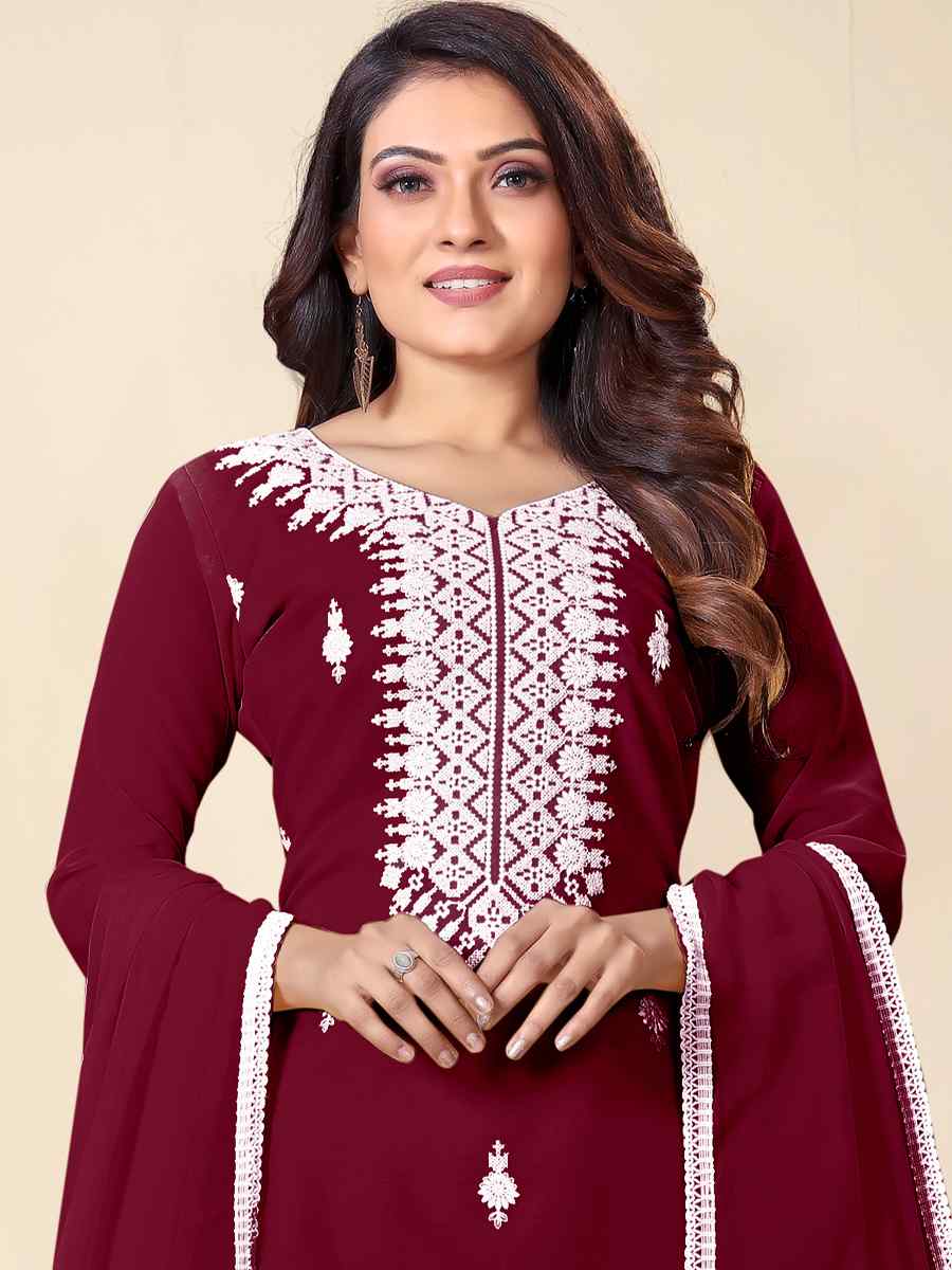 Maroon Faux Georgette Embroidered Casual Festival Pant Salwar Kameez