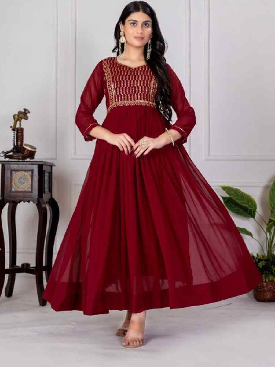 Maroon Faux Georgette Embroidered Festival Casual Gown