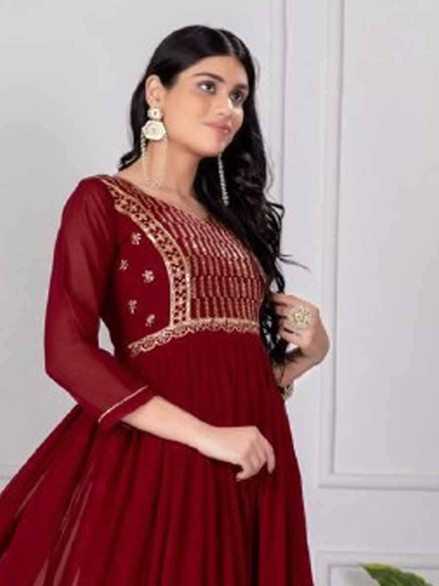 Maroon Faux Georgette Embroidered Festival Casual Gown