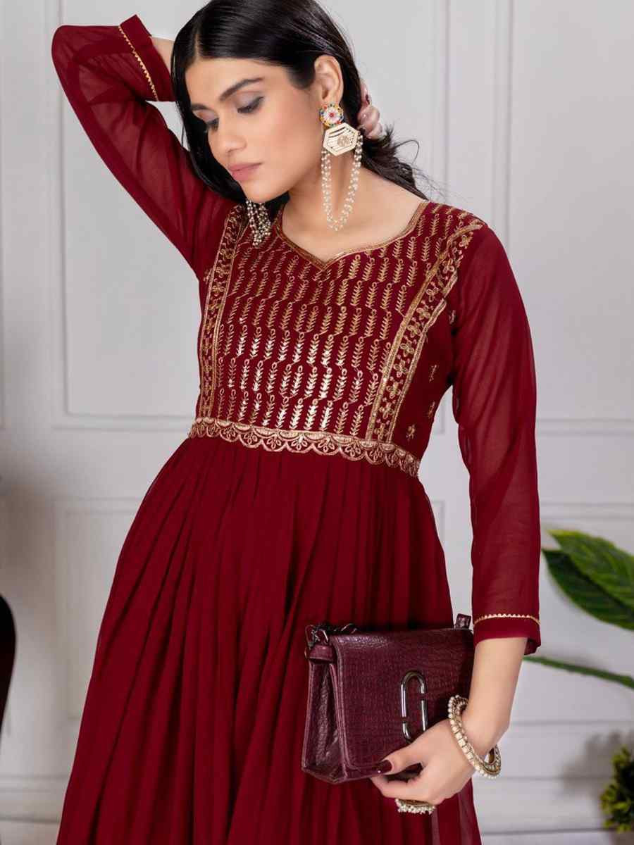 Maroon Faux Georgette Embroidered Festival Casual Gown
