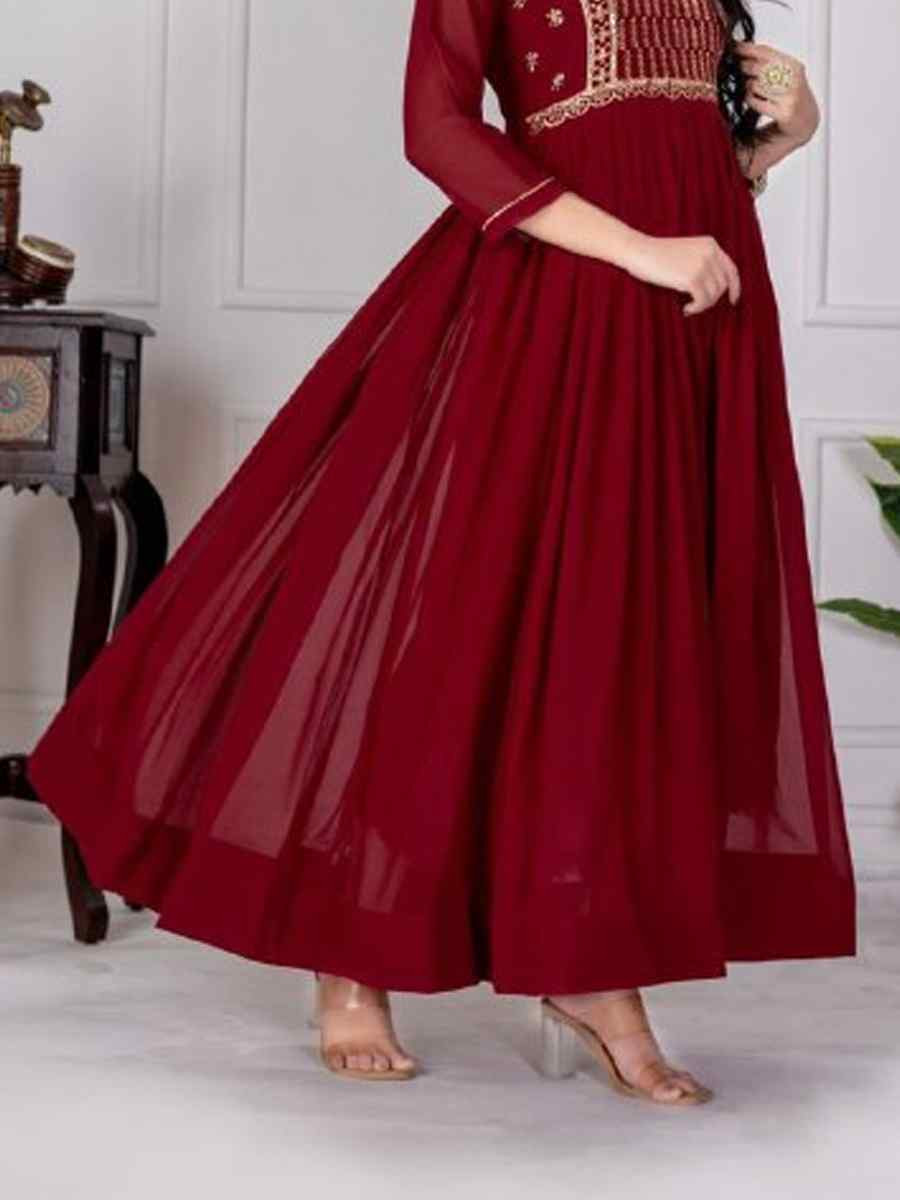 Maroon Faux Georgette Embroidered Festival Casual Gown