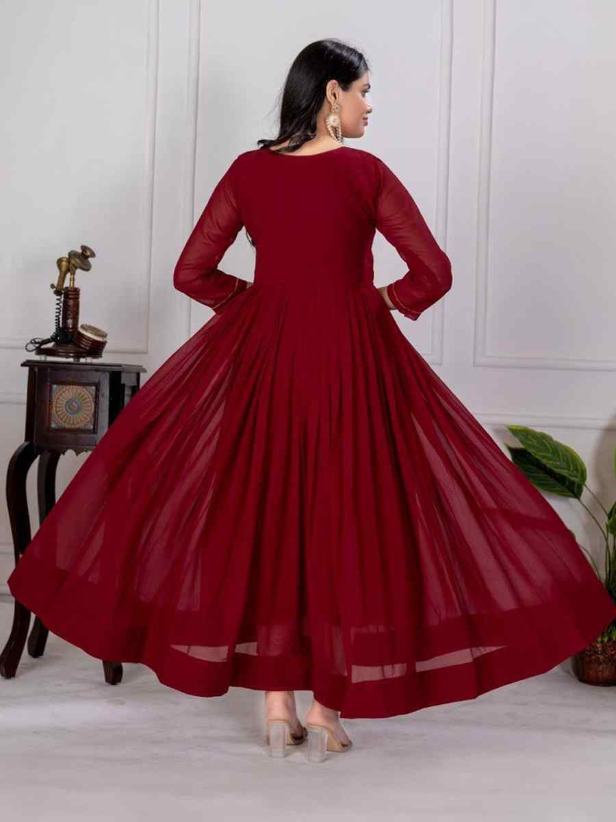 Maroon Faux Georgette Embroidered Festival Casual Gown