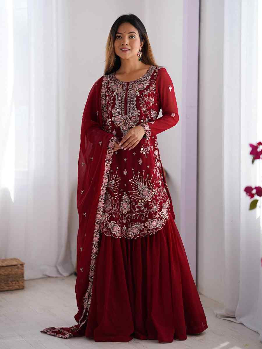 Maroon Faux Georgette Embroidered Festival Casual Ready Sharara Pant Salwar Kameez