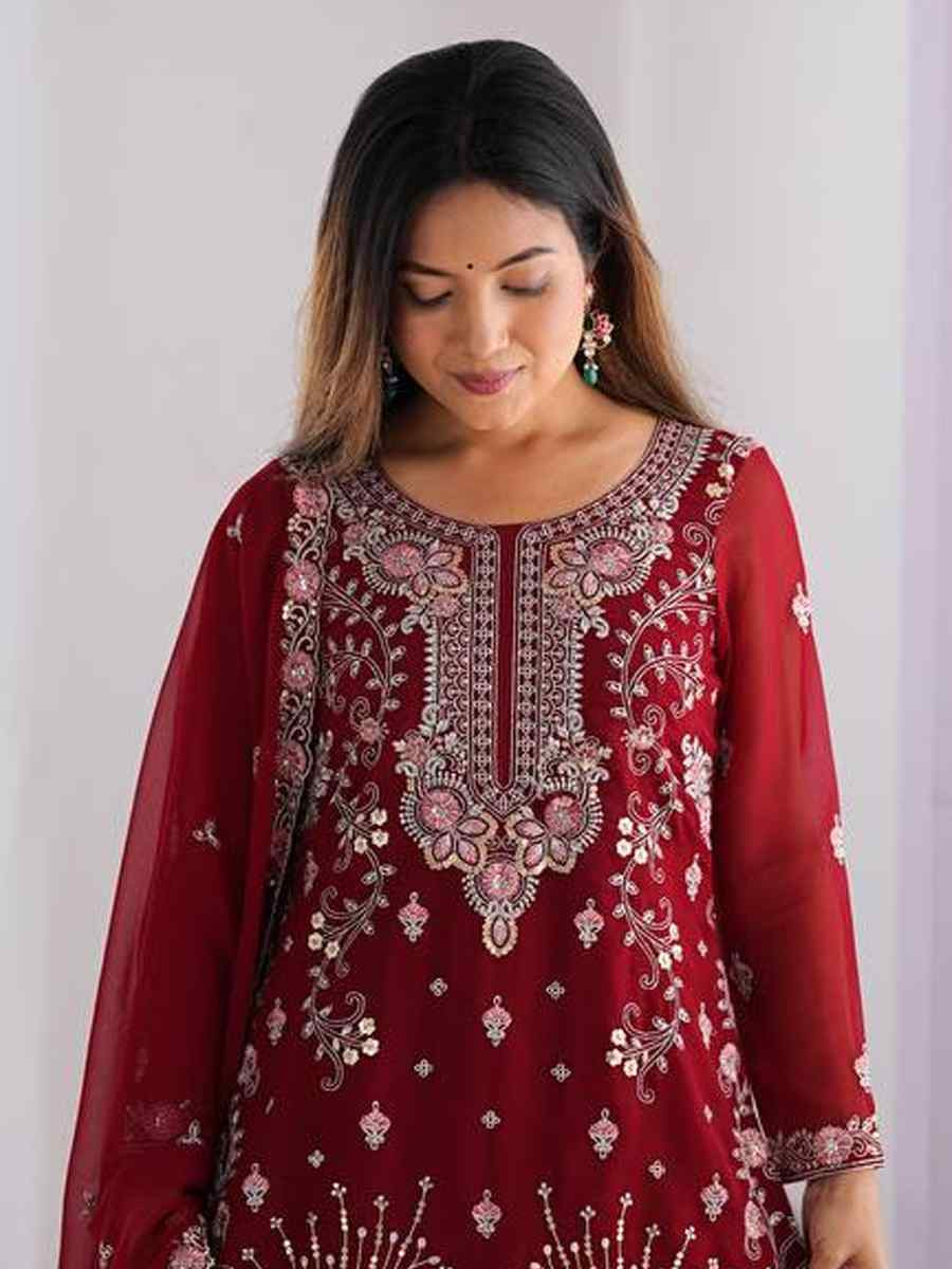 Maroon Faux Georgette Embroidered Festival Casual Ready Sharara Pant Salwar Kameez
