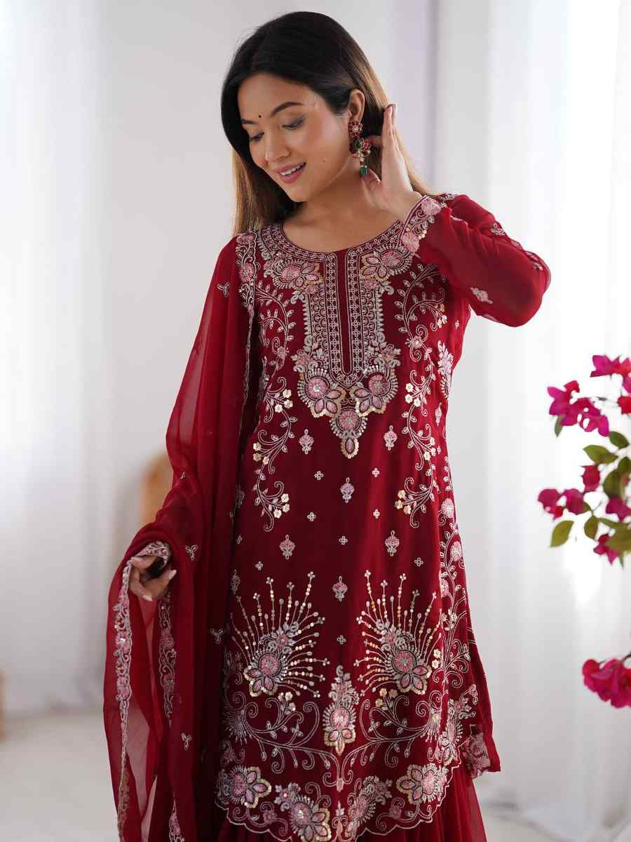 Maroon Faux Georgette Embroidered Festival Casual Ready Sharara Pant Salwar Kameez