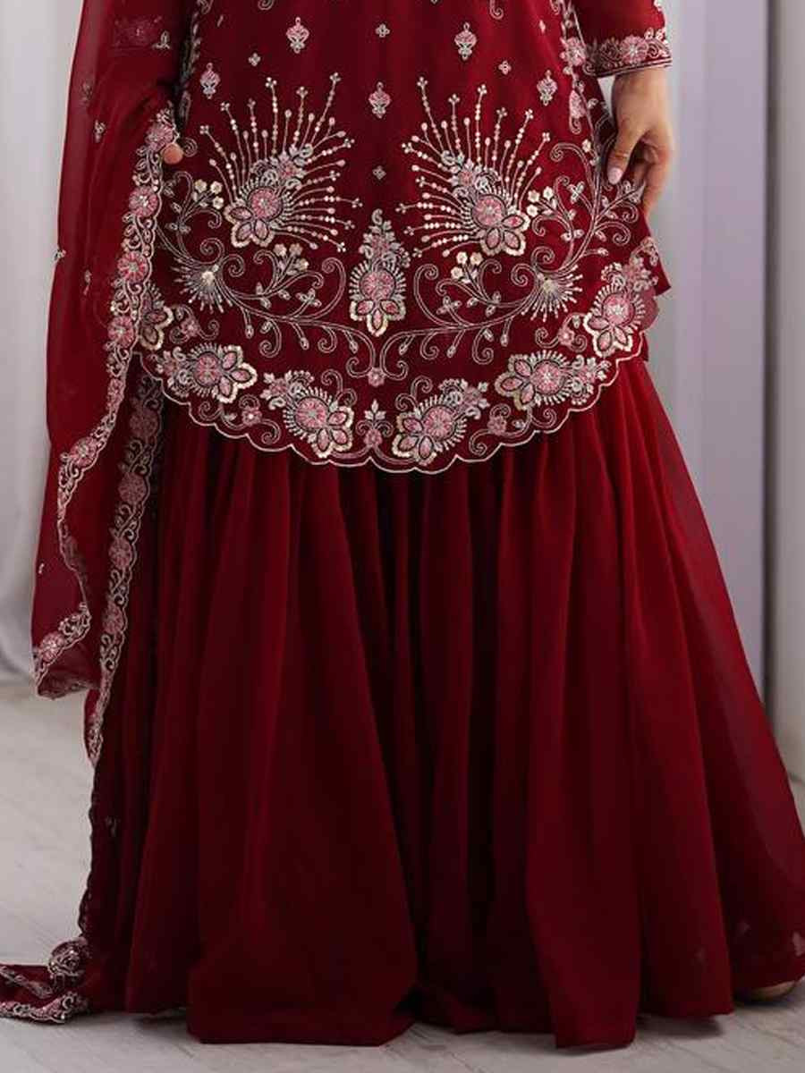 Maroon Faux Georgette Embroidered Festival Casual Ready Sharara Pant Salwar Kameez