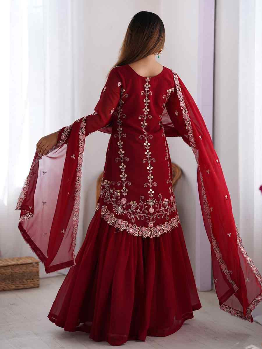 Maroon Faux Georgette Embroidered Festival Casual Ready Sharara Pant Salwar Kameez