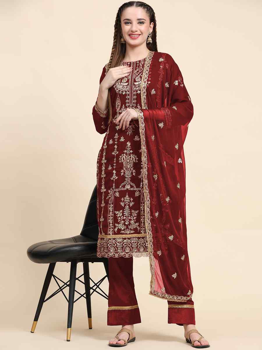 Maroon Faux Georgette Embroidered Festival Mehendi Pant Salwar Kameez