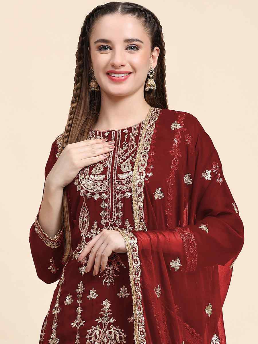Maroon Faux Georgette Embroidered Festival Mehendi Pant Salwar Kameez