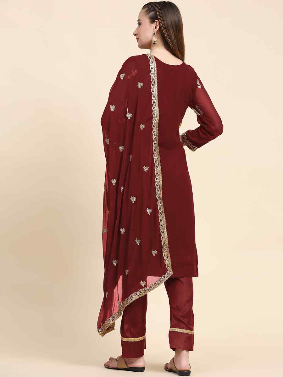 Maroon Faux Georgette Embroidered Festival Mehendi Pant Salwar Kameez