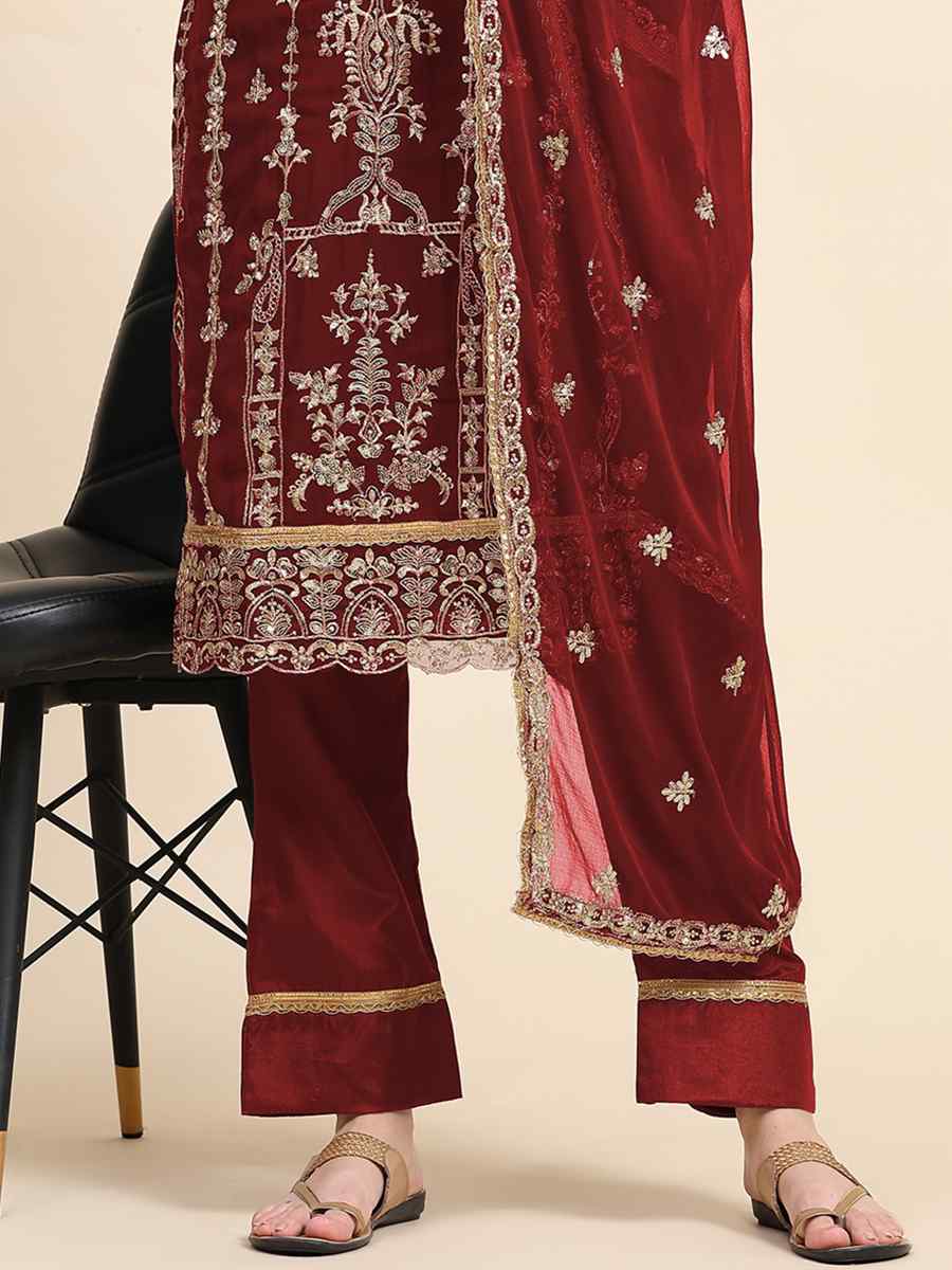 Maroon Faux Georgette Embroidered Festival Mehendi Pant Salwar Kameez