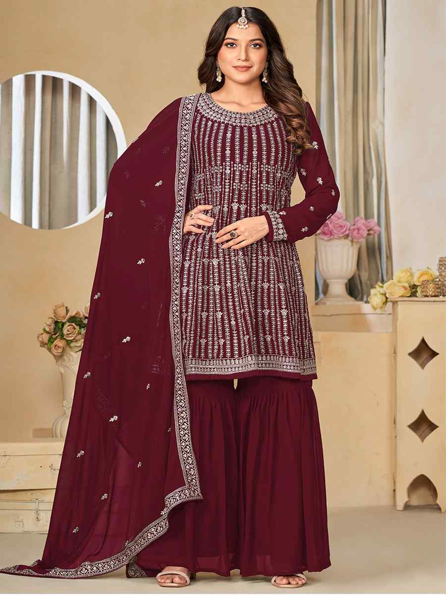 Maroon Faux Georgette Embroidered Festival Mehendi Sharara Pant Salwar Kameez