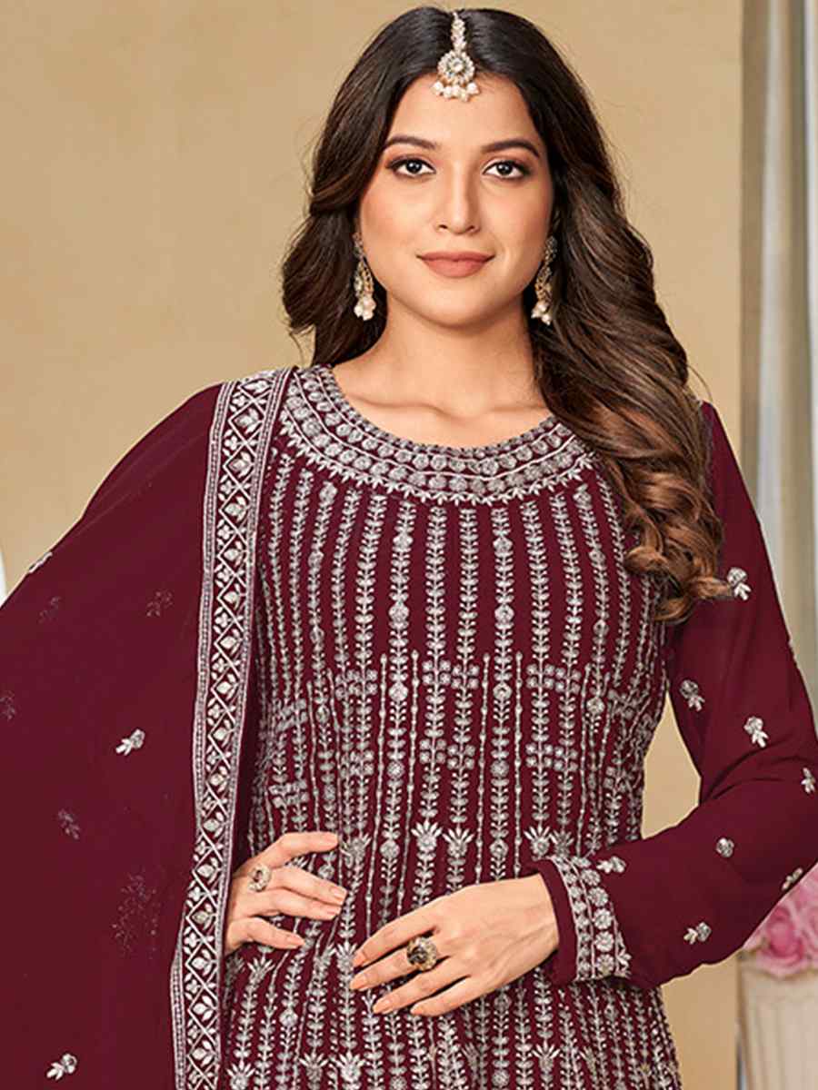 Maroon Faux Georgette Embroidered Festival Mehendi Sharara Pant Salwar Kameez